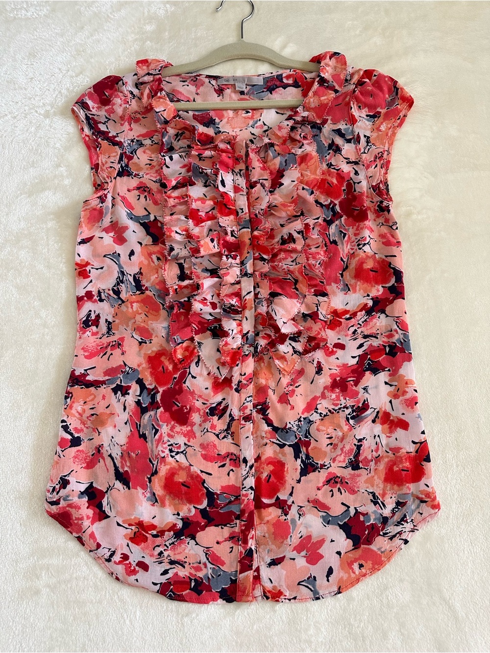 GAP XXS Floral Ruffle Blouse Pink Coral 100% Viscose